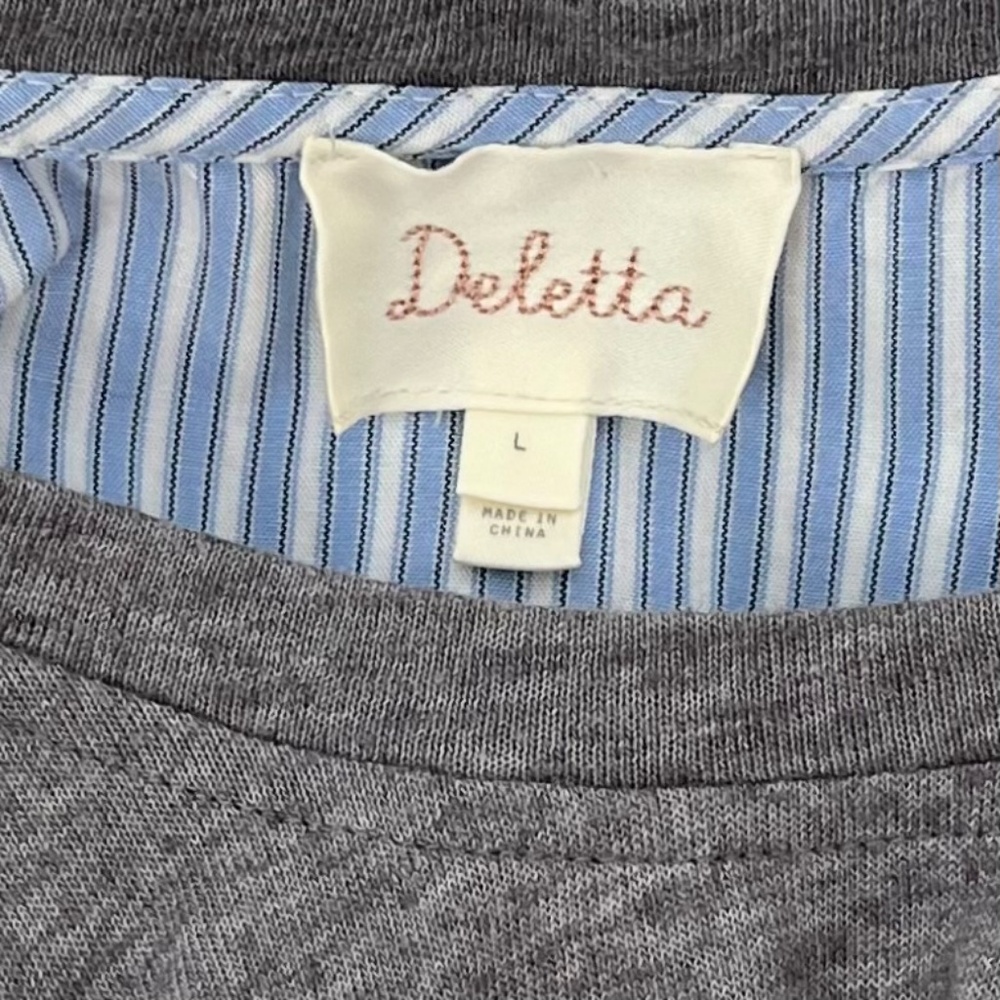 Deletta Womens Linen Blend Short Sleeve Top Size L Gray Blue Stripe Mixed Media - Picture 9 of 15